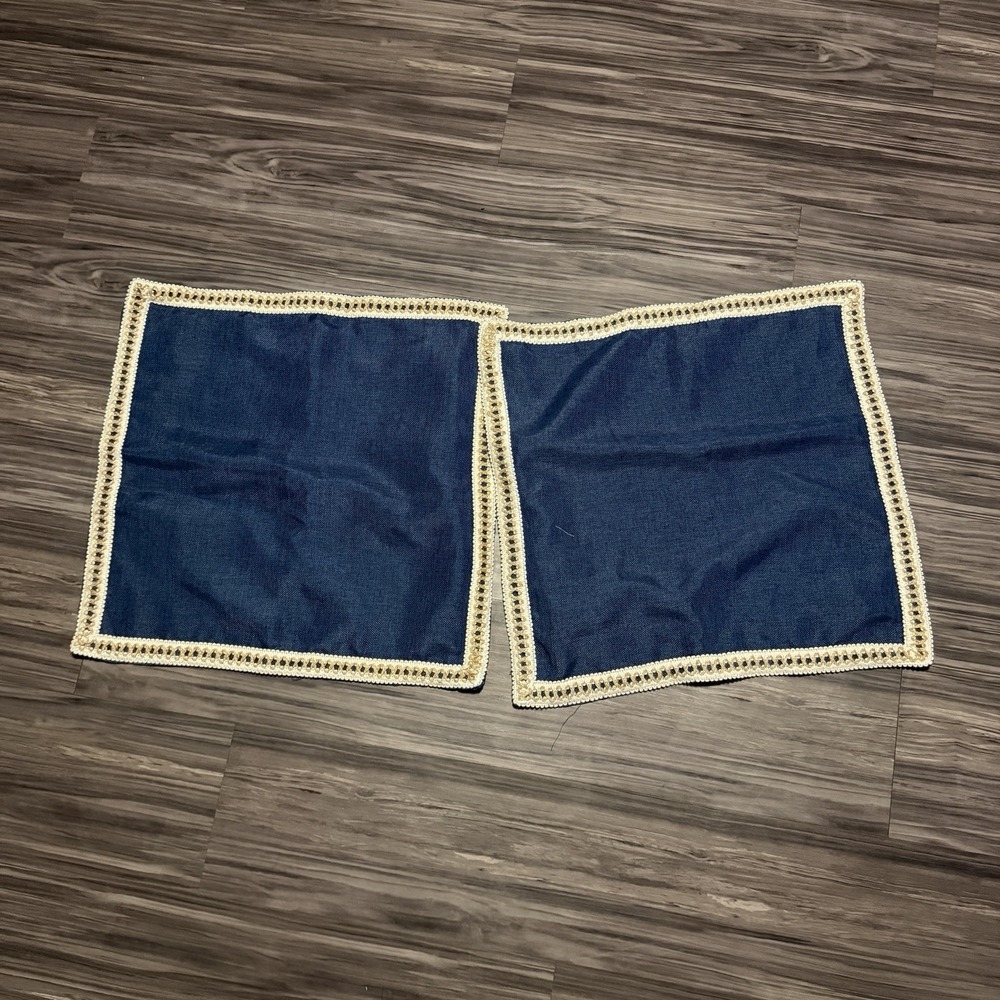 Navy Blue Cream Embrodiered Set Of 2 Throw Pillow Cases 20.5 X 20.5 Inches Boho